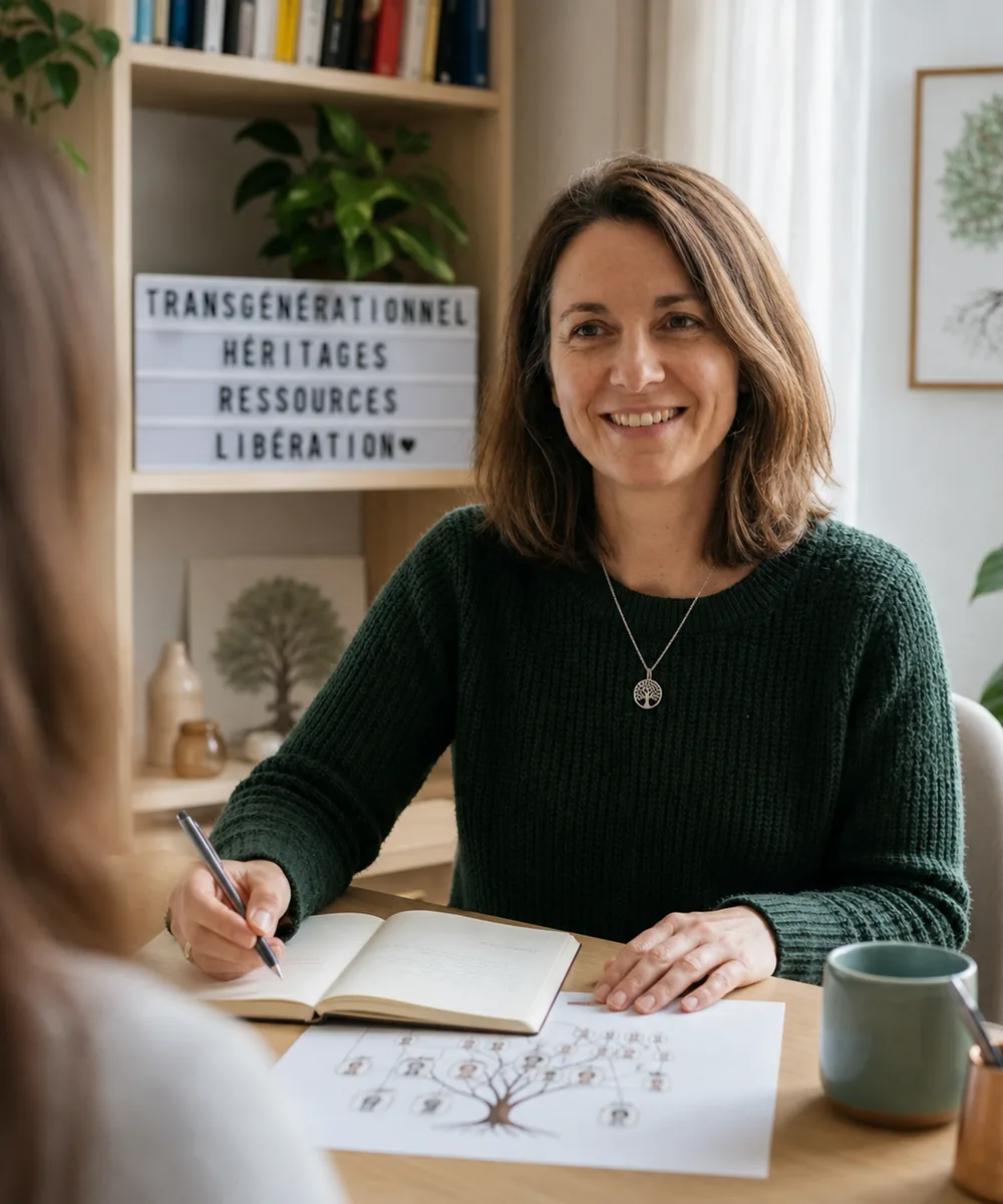 Praticienne en thérapie transgénérationnelle recevant une consultante, un génosociogramme posé sur la table