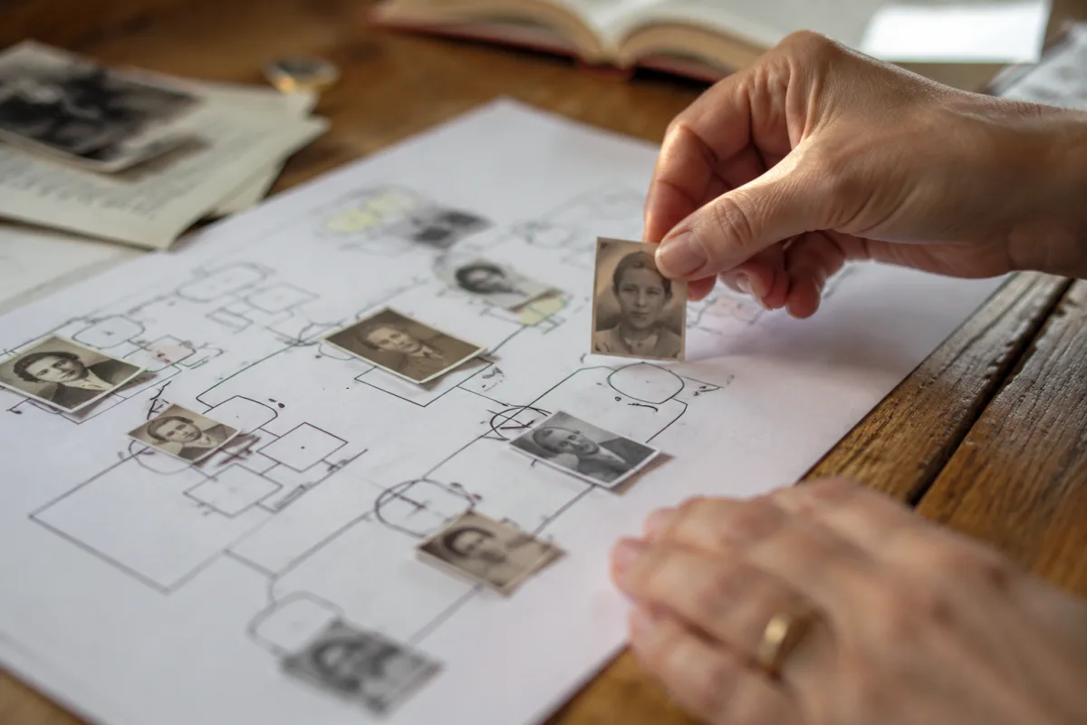 Le génosociogramme : ta carte vivante pour lire les mémoires familiales Gros plan sur des symboles dessinés au crayon sur une feuille de papier quadrillé représentant des liens familiaux et des ruptures