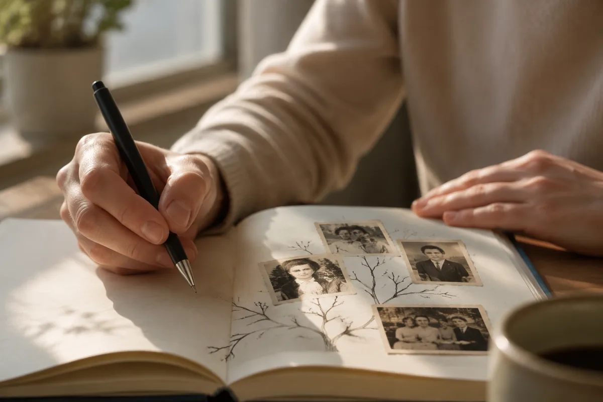 Schémas répétitifs transgénérationnels : comprends ce que tu portes et comment t'en libérer Mains d'une femme tenant une vieille photographie de famille en noir et blanc légèrement froissée
