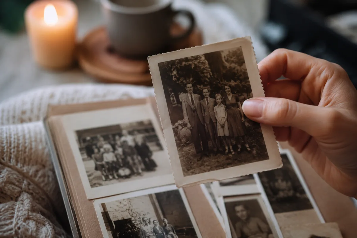 Gros plan sur deux mains qui tiennent une vieille photographie de famille jaunie par le temps